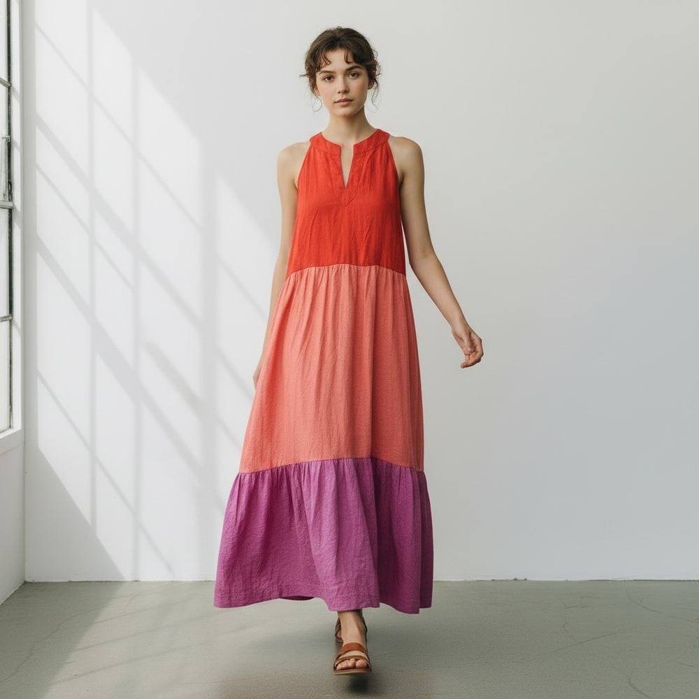 J Jill Colorblock Tiered Maxi Tank Dress Sleeveless Knit Orange Pink Purple M